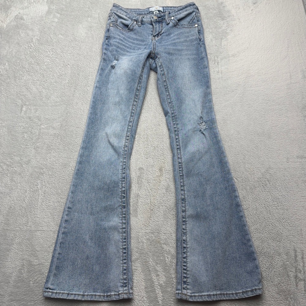 Austin Landing Jeans Girls 7 Blue Flare Star Rhinestone Distressed Bell Bottom